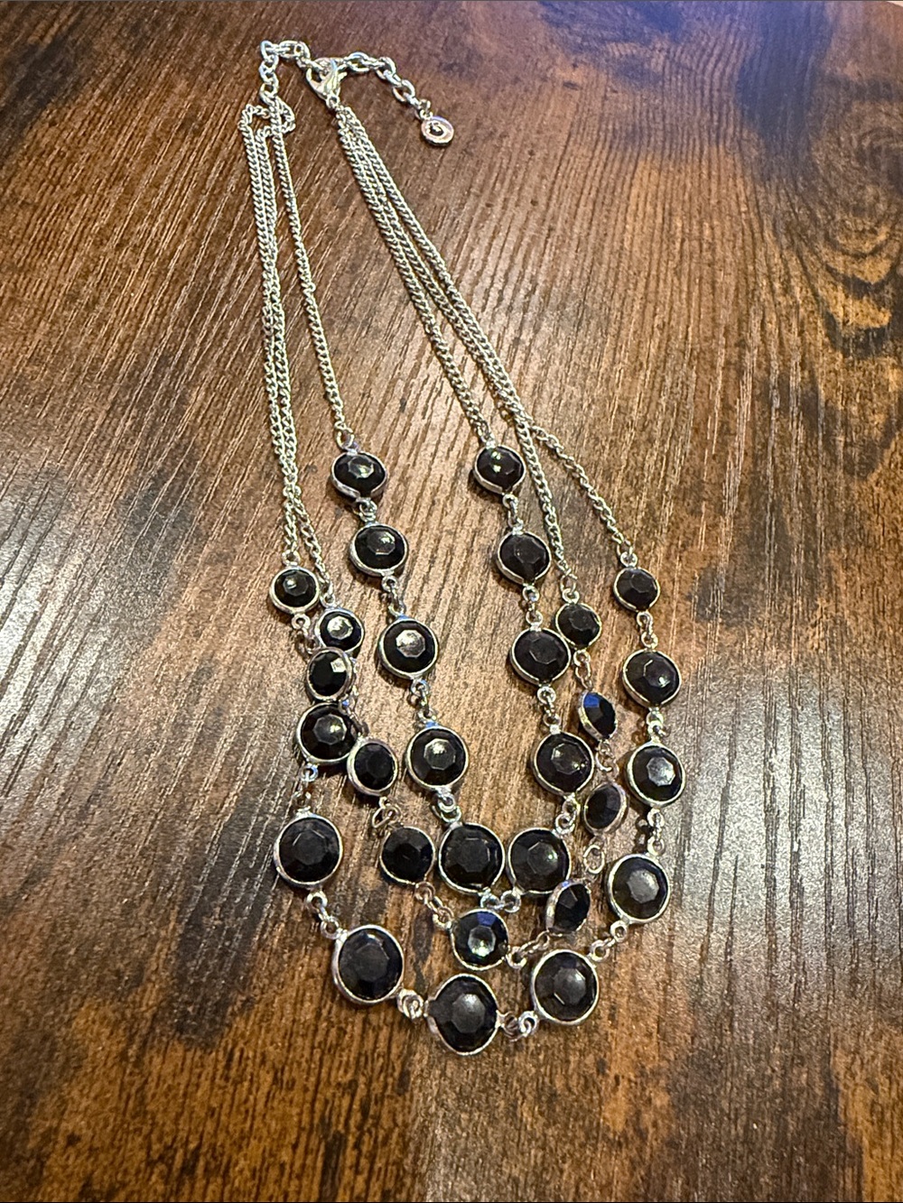 Layered Black Stone Necklace with Silver-Tone Accents